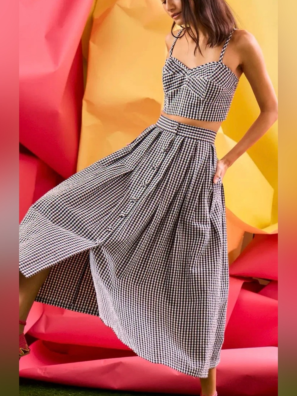 HUNTER BELL EVA Skirt Black and White seersucker Gingham Midi Skirt Size 14 NWT - Picture 7 of 10
